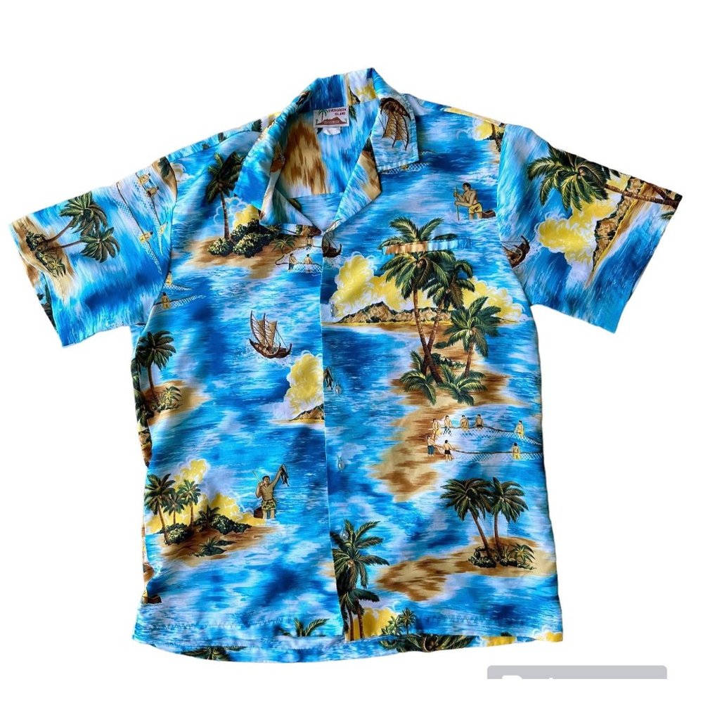 VTG  Hawaiian Shirt XXL? Evergreen Island Made in Hawaii Blue Tropical P…